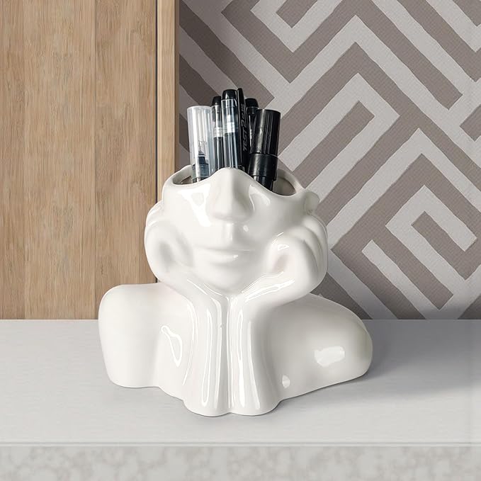 Ceramic Face Pen Holder Organizer, Female Form Face Pen Tools Storage Cup for Desk Accessories, Compact Pencil Holder for Desktop, Living Room, School, Home and Office Decor