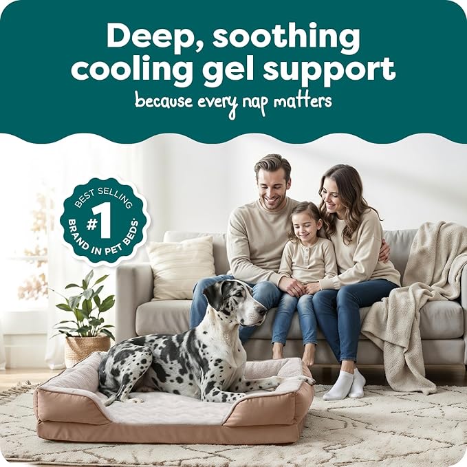 FurHaven Cooling Gel Dog Bed for Large Dogs, Perfect Comfort Sofa Bed with Cool Gel-Top Foam & Solid Orthopedic Foam Base for Joint Support, Washable Cover, Jumbo Plus/XXL, Plush & Velvet, Brownstone