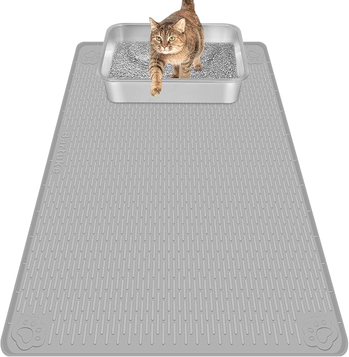 Bartuke Cat Litter Mat, Extra Large 34" x 22" Silicone Mat Litter Trapping Mat for Scatter Control, Soft on Kitty Paws, Easy to Clean (Light Grey)