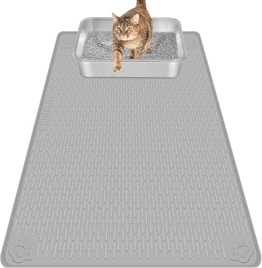 Bartuke Cat Litter Mat, Extra Large 34" x 22" Silicone Mat Litter Trapping Mat for Scatter Control, Soft on Kitty Paws, Easy to Clean (Light Grey)