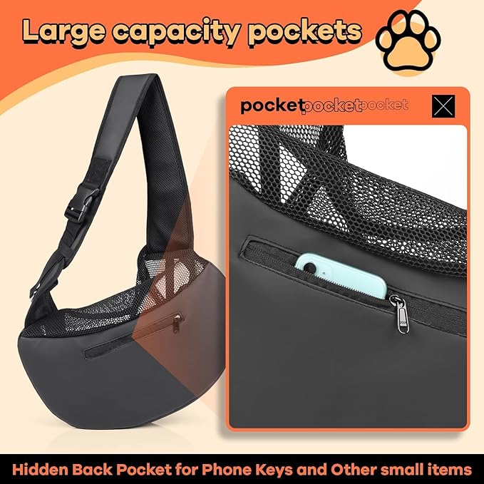 YUDODO Pet Sling Carrier for 2-5 lbs Small Dogs & Cats – Hands-Free Puppy Carrier with Safety Hook, Large Zipper Pocket, Soft Breathable Mesh, Adjustable Strap & Reflective Strip (Gray 3.0 S)