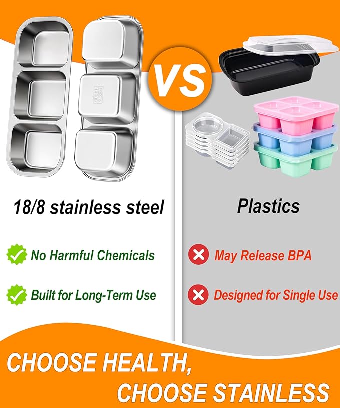 KTKUDY 5 Pack Stainless Steel Snack Containers for Kids & Adults - Leak-Proof 3-Compartment Stackable Snack Lunch Boxes for School, Work & Travel