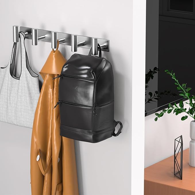 VINHOLD Wall Mounted Coat Rack-5 Hooks, Heavy Duty Stainless Steel Wall Hooks for Towel Coat Bag, Hat Rack Coat Hanger Coat Hooks Towel Racks for Bathroom Entryway Kitchen Hotel (Silvery, 1 Pack)