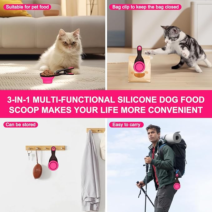 PNEUICALLY Collapsible Silicone Dog Food Scoop Foldable Pet Food Measuring Cup with Bag Clip 3 in 1 Multi-Function Silicone Dog Food Scooper (Rose Red, Small)