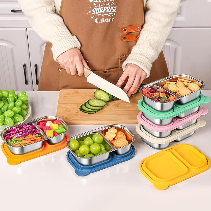 6 Pack Stainless Steel Snack Containers with Silicone Lids, Reusable Stainless Steel Food Containers Snack Box, 2 Compartment Meal Prep Containers for Lunch, Leakproof, Dishwasher Safe