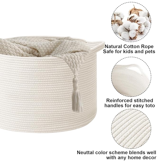 115L Extra Large Woven Cotton Rope Blanket Basket with Handles, Laundry Hamper Storage Bin for Pillows, Comforters,Clothes, Toys, Nursery, Bedroom and Living Room Organization,White