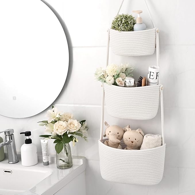 Hanging Storage Baskets, Over The Door Basket, Cotton Wall Baskets Storage, Hanging Door Basket with 4 Hooks