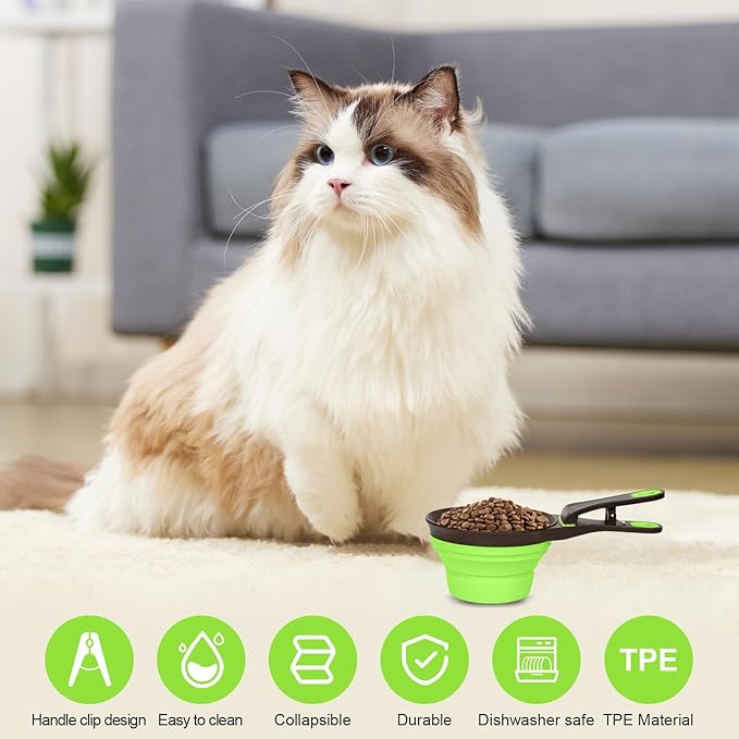 PNEUICALLY Collapsible Silicone Dog Food Scoop Foldable Pet Food Measuring Cup with Bag Clip 3 in 1 Multi-Function Silicone Dog Food Scooper (Green, Large)