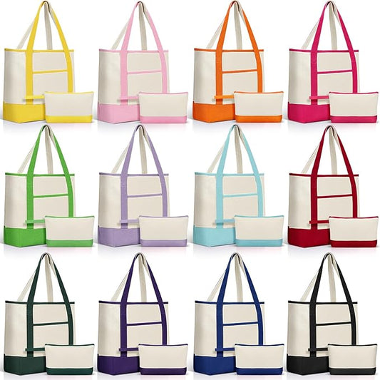 Sanwuta Canvas Tote Bags Bulk with Outer Pocket and Makeup Pouch 18'' Reusable Grocery Bags with Handles for Women Beach DIY