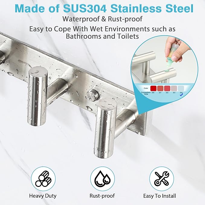 Alise Towel Hooks Towel Robe Coat Hook Rail with 5 Hooks Wall Mount Key Hooks for Coat Hat Towel Purse Robes Bathroom,SUS304 Stainless Steel Wall Hooks Self Adhesive and Drilling,Brushed