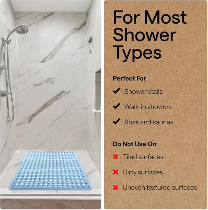 GORILLA GRIP Patented Square Shower Stall Mat, Small Bathtub Floor Mats for Stand Up Showers with Suction Cups and Drainage Holes, Machine Washable, Soft on Feet, Bathroom Accessories 21x21 Inch, Blue