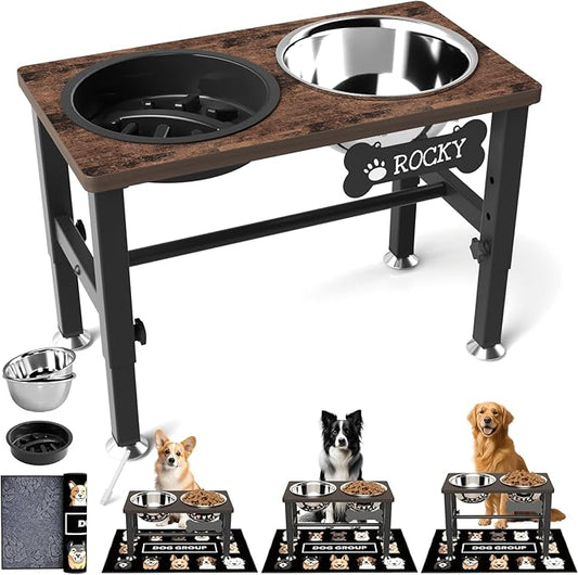 SHAINFUN Elevated Dog Bowls with Slow Feeder & Mat for Medium and Large Dogs, 16" Tall Adjustable Wooden & Metal Raised Dog Bowl Stand, 2 Stainless Steel 58oz Bowls for Food & Water