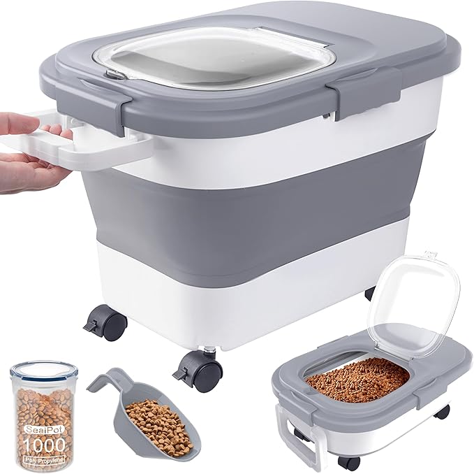 DDMOMMY 15-23 Lbs Airtight Dog Food Storage Container,Collapsible Dog Food Container with Lid,Wheels,Handle,Large Cat food storage Container with Scoop,Small Food Container for Dog Cat