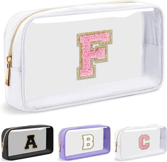 Personalized Initial Letter Clear Makeup Bag,Preppy Small Nylon&PVC Cosmetic Zipper Bag with Chenille Letter,Travel Skincare Toiletry Bag,Monogram Christmas Gift for Teen Girls Women,F