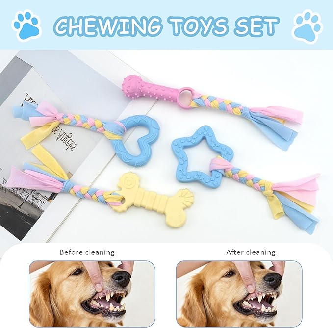 Puppy Teething Toy Set, 4 PCS Soft Rubber Dog Chew Toys with Cotton Ropes Puppy Chew Toys for Oral Teeth Soothe Itching (3 Colors)