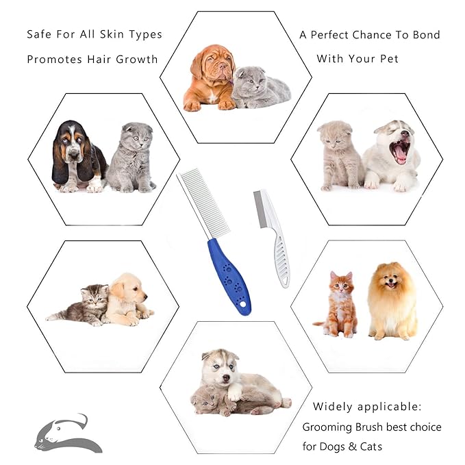Sorxine Pet Comb for Dogs & Cats,Small Dog & Cat Grooming Comb 2 Combs,Pet Stainless Steel Teeth Cats Comb for Removing Matted Fur, Knots & Tangles,Shedding Comb,Blue