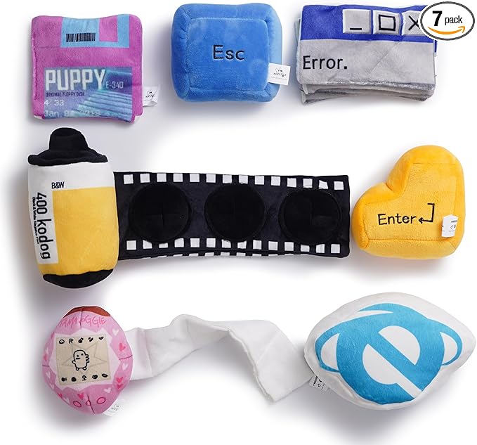 Nocciola Funny Squeaky Dog Toys, Old Tech Themed Stuffed Plush Puppy Toy Set with Hidden Treat Pockets, Cute Crinkle Chew Toys for Small Medium Large Breed, Boy Dog Birthday Gifts, 7 Packs