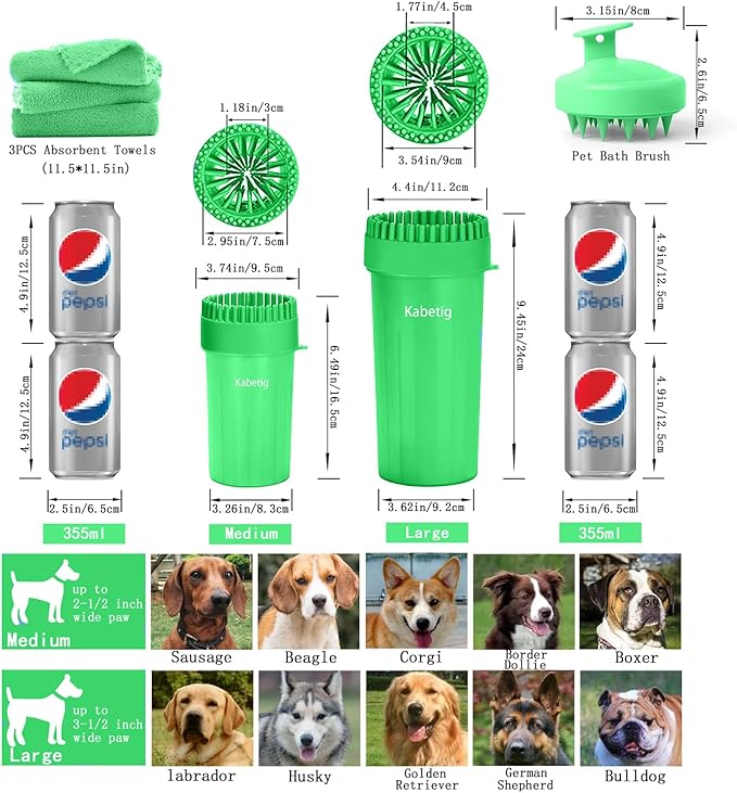 Kabetig Dog Paw Cleaner & Washer for Large/Extra Large Breeds - Muddy Paws Easy Cleaning Cup for Big Dogs - Includes 3 Absorbent Towels(Green)