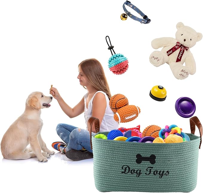 Large Cotton Rope Dog Toy Basket Storage,16.5"x10.6"x 7.5" Dog Toy bin,Puppy toy basket,-Perfect for organizing pet toys,blankets,leashes,pee- mats and diapers-Green