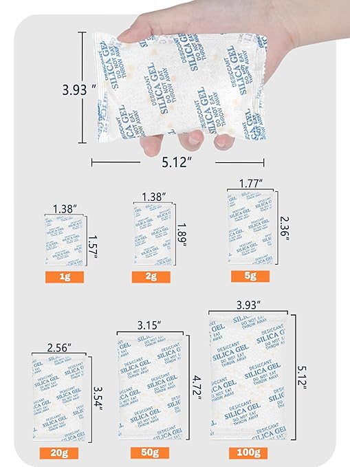 1 Gram (100 Pack) Color-Indicating Silica Gel Packets, Premium Food Grade Desiccant - Rechargeable Moisture Absorbers for Food Storage, Electronics, 3D Filament & Safes
