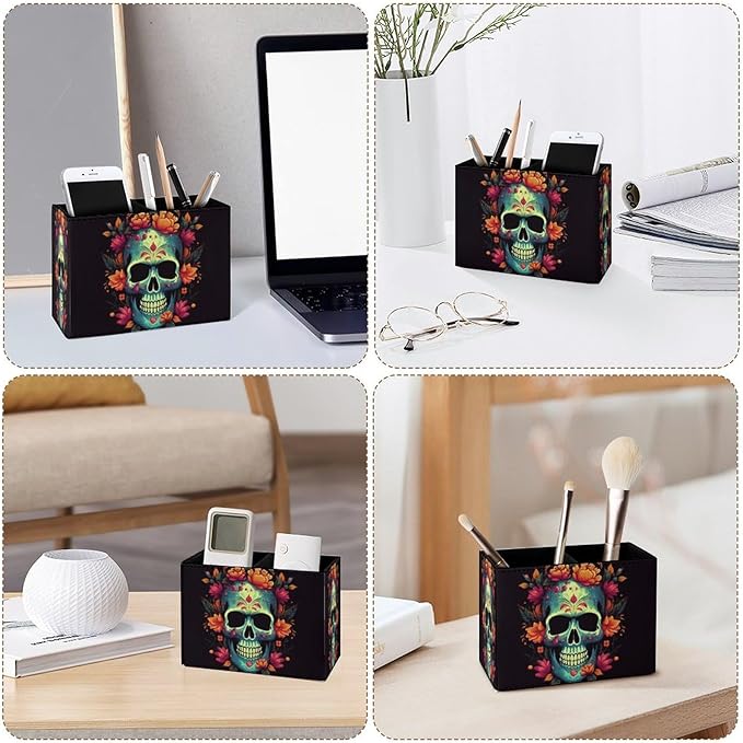 Famame Colorful Skull with Flowers Pencil Holder for Desk, Leather Desktop Container Pen Cup Storage Study Table Pen Organizer Makeup Brush Holder for Classroom Office Home
