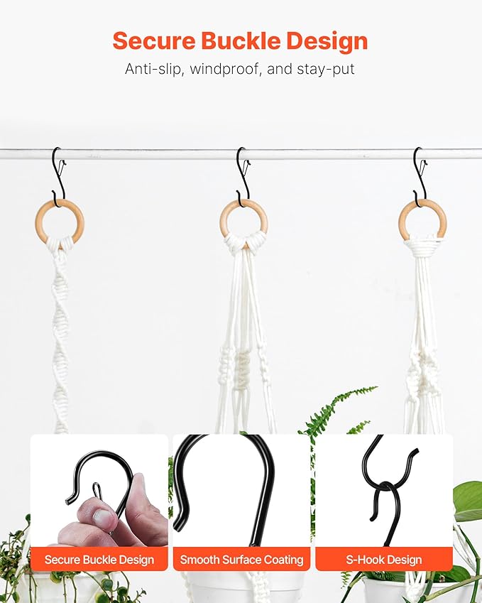 VEVOR S Hooks 36 Pack, 39.68 LBS Capacity for Bars up to 0.85 Inch, S Shaped Hooks with Safety Buckle, Heavy Duty Metal Hangers for Plants, Jeans, Clothes in Garden, Closet, Kitchen, Bedroom, Black