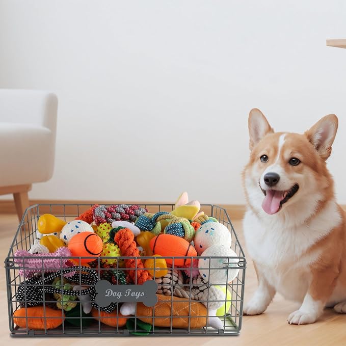 Geyecete Toy box for dogs large Dog Toy organizer Pet wire folding basket DOG TOY container dog toy box-Chew-Proof Dog Food Toy Storage-Gray