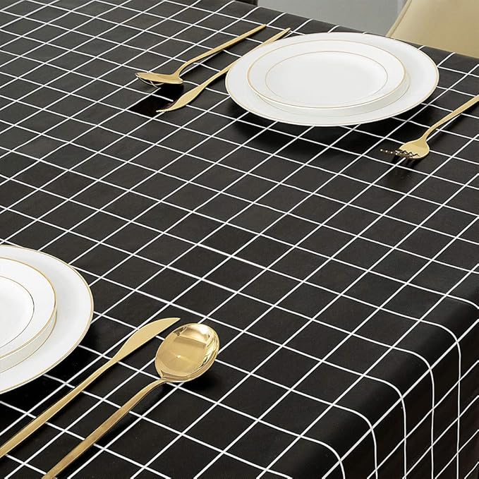 Romanstile Rectangle Vinyl Tablecloth, 100% Waterproof Oil-Proof Checkered Plastic Table Cloth, Heavy Duty Wipeable Table Covers for Dining, Camping, Picnic, Outdoor - 60 x 84 Inch, Black