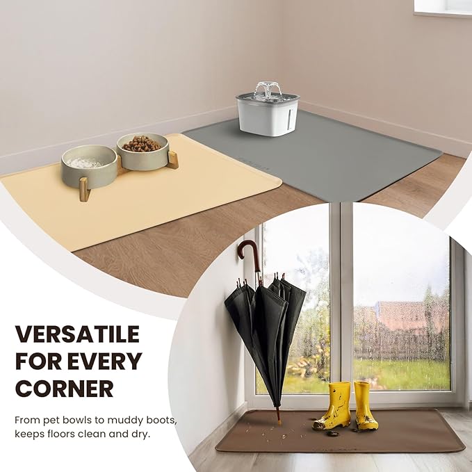 VIVAGLORY Dog Food Mat Flexmat Dog Bowl Mat, Placemat Food Tray with Raised Edges & Lip for Indoor Floor, Non Slip Waterproof Silicone Dish Placemat for Cat & Pet, S, Khaki