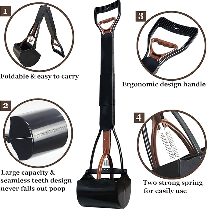 Pooper Scooper, Large Pooper Scooper for Dogs Heavy Duty, Dog Pooper Scooper with Long Handle & High Strength Durable Spring, Foldable Dog Poop Pick Up (32-inch) (Brown(Bottom Seamless))