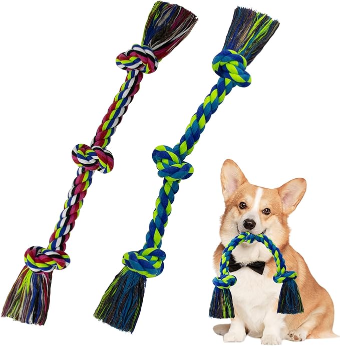 WDZZHOT [2 Pack] Dog Rope Toys, Dog Chew Toy for Medium and Small Dogs, 3 Knots Heavy Duty Puppy Rope Toy, 100% Cotton Tug of War Dog Toys for Boredom, Teeth Cleaning