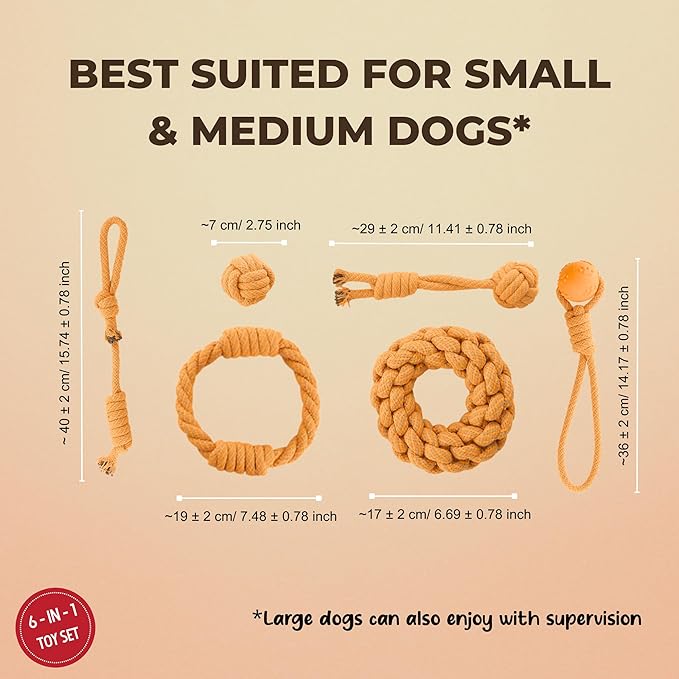 Dog Rope Toy Set – 6 Pack Durable Cotton Chew Toys for Puppy, Small & Medium Dogs – Interactive Tug, Fetch & Dental Play Set – Safe for Puppy Teething – Supervised Play Recommended