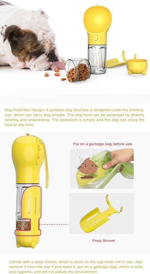 Upgraded Dog Water Bottle,Multifunction with Detachable Food Container and Poop Bags Dispenser,External Trash Shovel,Leakproof,Pet Travel,Outdoor Activity Necessities,Yellow(10.56fl oz)