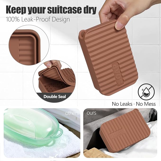 OTHIX Extra Large Silicone Leak Proof Travel Soap Case - Compatible with 10 oz Duke Cannon or Shampoo & Conditioner Bar Set | for Extended Trips, Outdoor Adventures, or Truck Drivers (Coffee Brown)