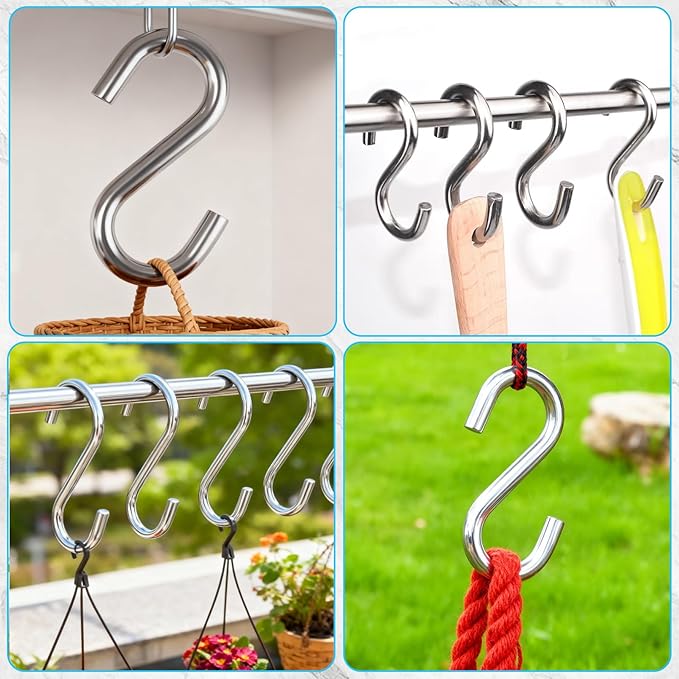 6 Pack Heavy Duty S Hooks, 3.2 Inch 304 Stainless Steel S Hook, s Shaped Hook, Grade Quality Utility Hooks for Hanging Hammock Stand, Swing, Plants
