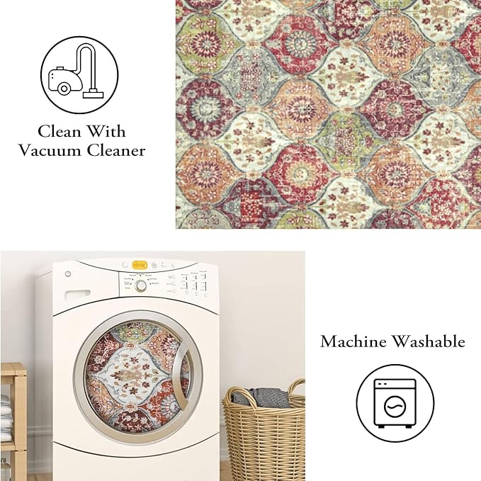 Lahome Moroccan Machine Washable Rugs for Living Room, 4x6 Rug for Bedroom Non-Slip Vintage Trellis Ultra-Thin Throw Carpet for Dining Room Office Nursery Elise, Orange/Terracotta