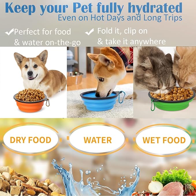 Takfox Collapsible Dog Bowls [3 Pack] 20 oz, Travel Dog Bowls, Pet Bowl Portable Foldable Water Food Feeding Dishes with Carabiner Clip for Traveling Hiking Walking-Black & Green & Blue