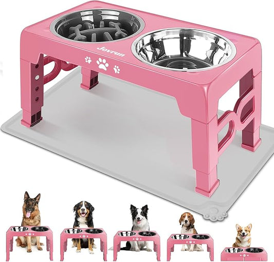 Jovrun Elevated Dog Bowls, Dog Feeder with Stainless Steel Dishes & Slow Feeder Bowl, 5 Heights Adjustable Raised Stand for Medium Large, Food Dishes with Non-Slip Feet
