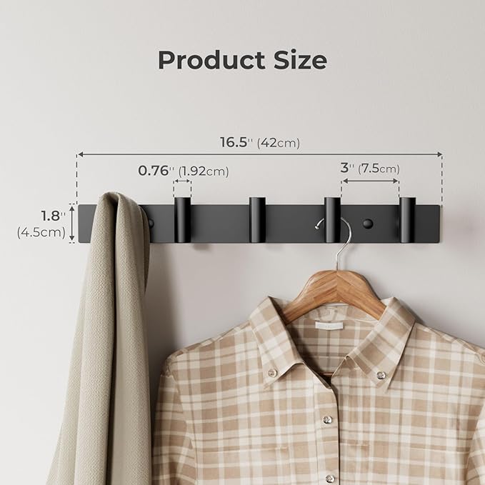 Black Wall Mounted Coat Rack – 5 T-Shaped Pegs for Hats, Bags & Towels, Heavy-Duty Metal Rail for Entryway, Bathroom, Closet, Bedroom (1 Pack)