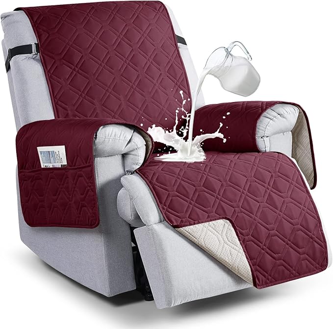 VANSOFY 100% Waterproof Recliner Chair Covers, Recliner Cover Non-Slip Dog Chair Cover Furniture Protector Washable Slipcover with Pocket, Elastic Straps for Pets, Dogs(Burgundy, 25")