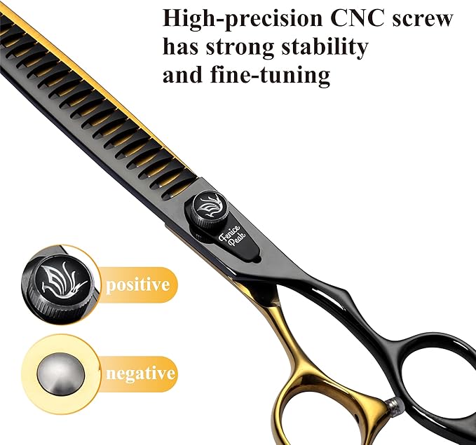 Fenice Peak 7'' Black and Gold Two-color Dog Grooming Scissors Set Straight Thinning Curved and Chunker Shears 4PCS Set with Pattern Screw and Ergonomic Offest Handle 440C Sharp and Durable