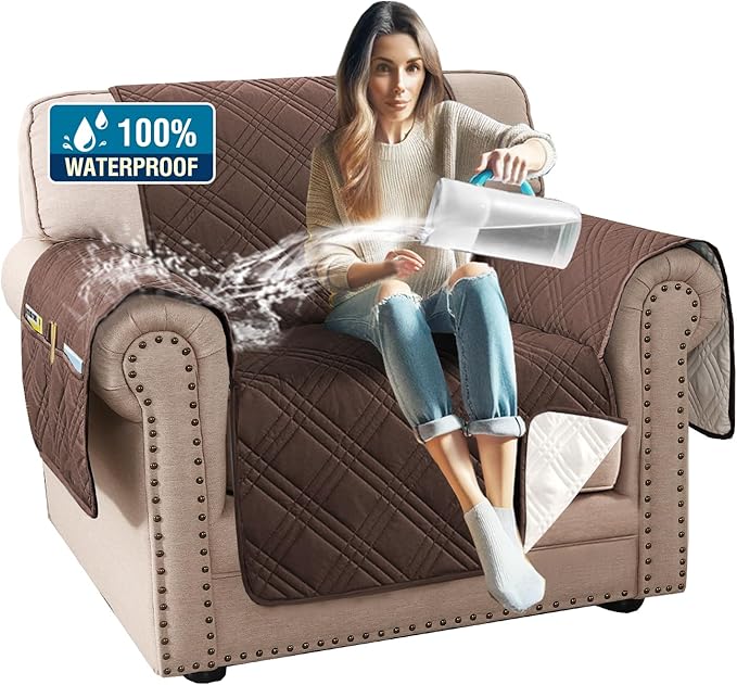 H.VERSAILTEX 100% Waterproof Chair Slipcovers Modern Oversized Chair Cover Slip Covers for Armchairs with Elastic Straps (Chair, Brown/Beige)