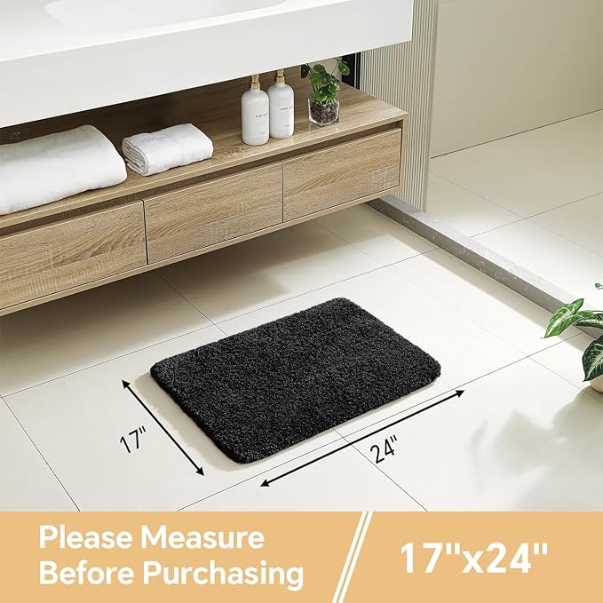 Black Bathroom Rug 17"x24" - High-Density Microfiber Bath Mat, Fluffy Non Slip Absorbent and Washable Bathroom Mat - Ideal for Small Spaces, Vanity, Toilet, or Pet Mat