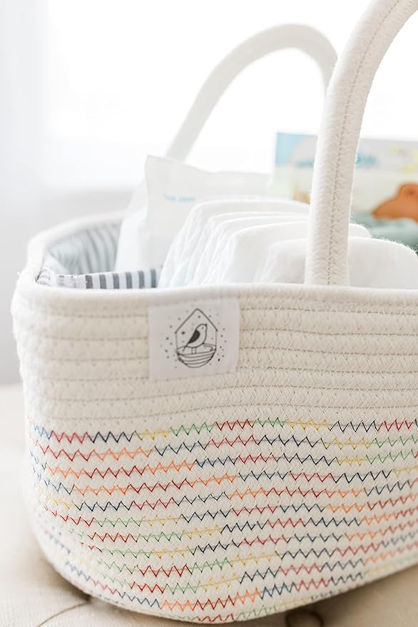 OrganiHaus Nursery Storage Basket, Cotton Rope Toy, Foldable Design, Machine Washable, Ideal for Baby Room & Laundry - Stitches Rainbow