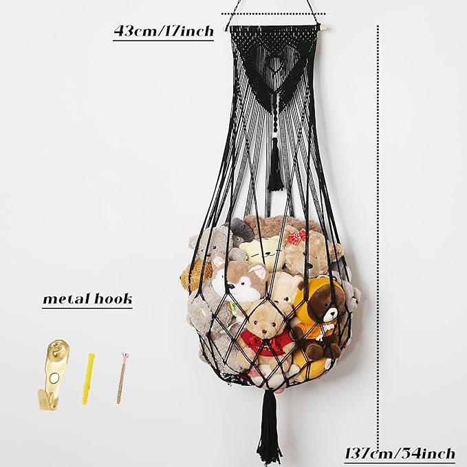 Stuffed Animal Net or Hammock Corner or Wall Hanging Net for Plush Toy Storage Boho Macrame Toy Display Nursery Bedroom Decor Stuffy Animal Toy Organizer (Black)