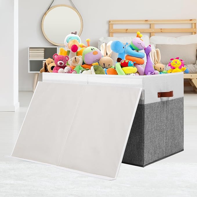 Large Toy Storage Box with Lid, Sturdy Toys Storage Chest Bin Organizer Basket with Dividers for Kids, Boys, Girls, Nursery, Closet, Bedroom, Playroom 26"x17" x17" (Grey and White)