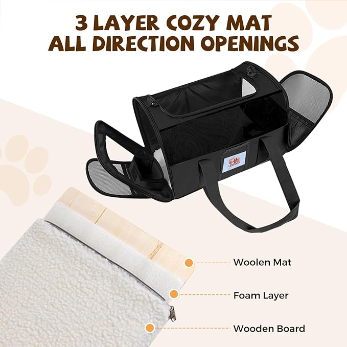 FOORLON Cat Carrier Soft for Pets Up to 15 Lbs, Cat Travel Bag with Padded Shoulder Strap and Detachable Cat Food Bowl, Pet Dog Carriers for Small Dogs Travel Puppy Carry Airline Approved, Black