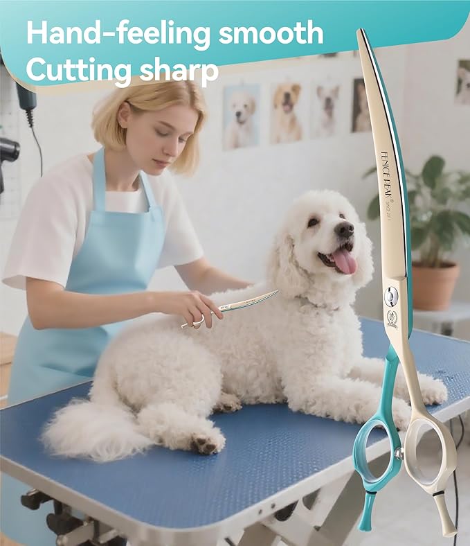 Fenice Peak Curved Dog Grooming Scissors with Coating 440C Stainless Steel, 7 inch Professional Curved Shears Dog Grooming，25 Degree of Curved Blade，Pet Shear for Trimming Face and Paws, Green & White