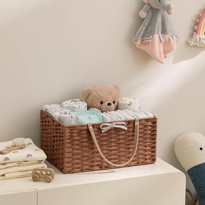 HBlife Large Diaper Caddy Organizer, Washable Waterproof, Portable Plastic Wicker Woven Basket with Divider, Nursery Diaper Station, Baby Shower Gifts Basket & Car Organizer
