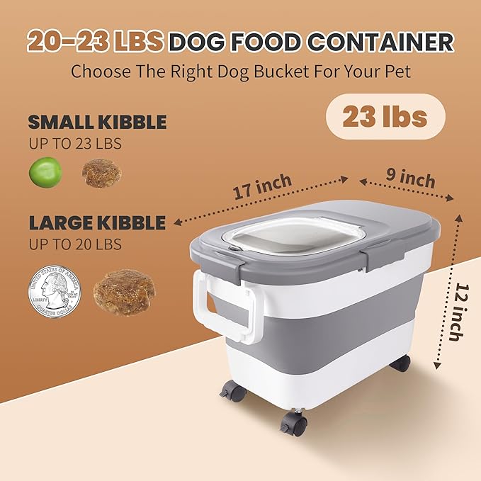DDMOMMY 15-23 Lbs Airtight Dog Food Storage Container,Collapsible Dog Food Container with Lid,Wheels,Handle,Large Cat food storage Container with Scoop,Small Food Container for Dog Cat